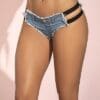 A woman wearing jean shorts with two straps.
