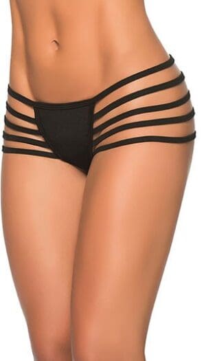 A woman wearing black panties with four strips on them.