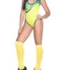 A woman in yellow and blue soccer uniform.