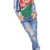 A woman in ripped jeans and green top.