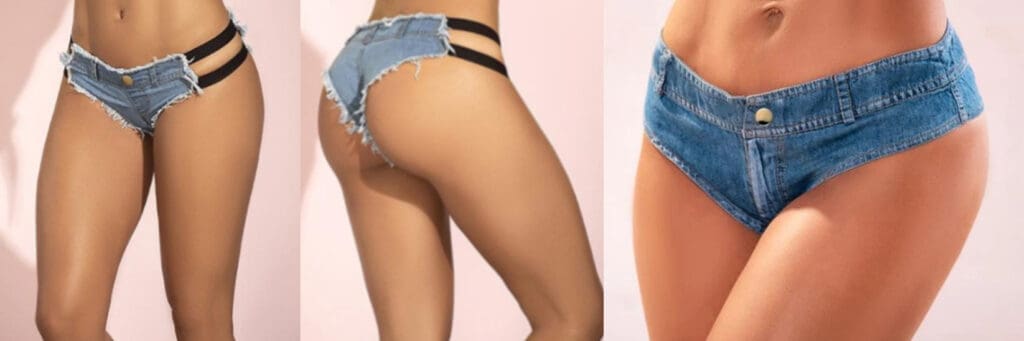 Two women in jean shorts one has a black belt around her waist.
