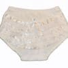 A white ruffle diaper cover with shiny trim.
