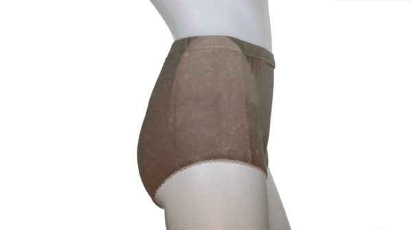 A person wearing brown underwear on their butt.