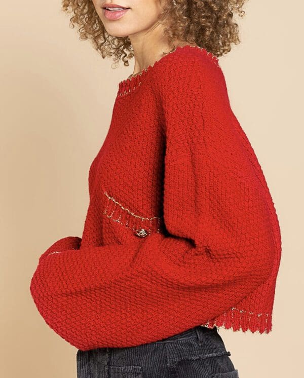 A woman in red sweater holding onto a bag.