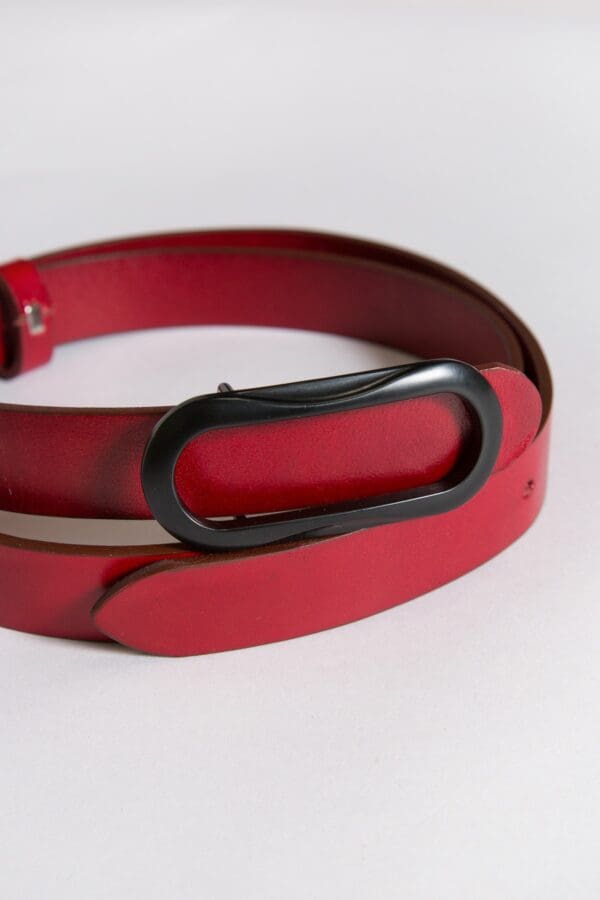 A red belt with an oval buckle on it.