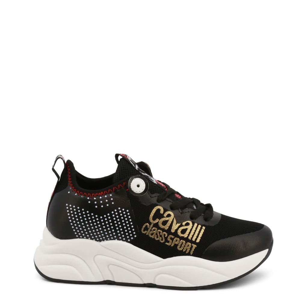 A black and white sneaker with gold lettering.