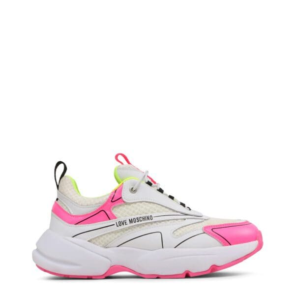 A pair of sneakers with pink and white accents.