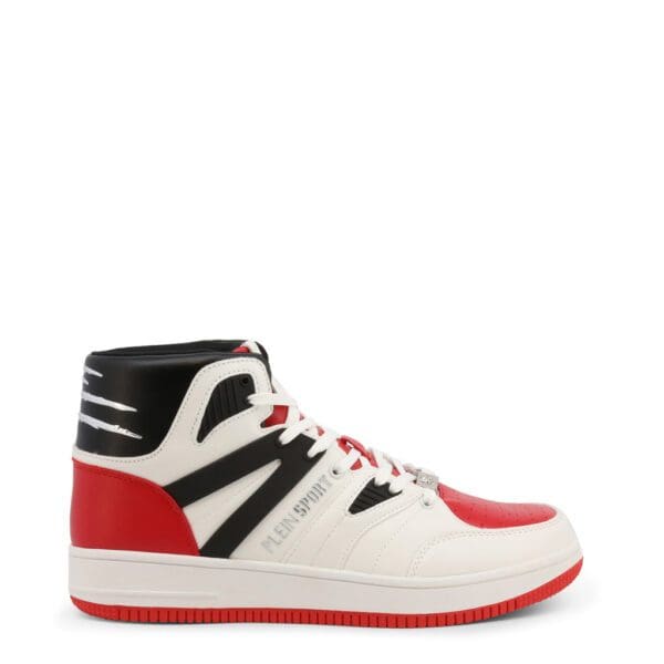 A pair of sneakers that are white and red.