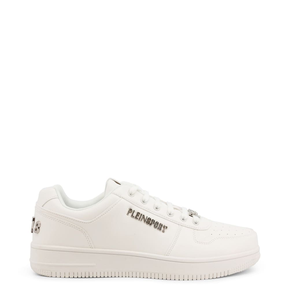 A pair of white sneakers with a logo on the side.