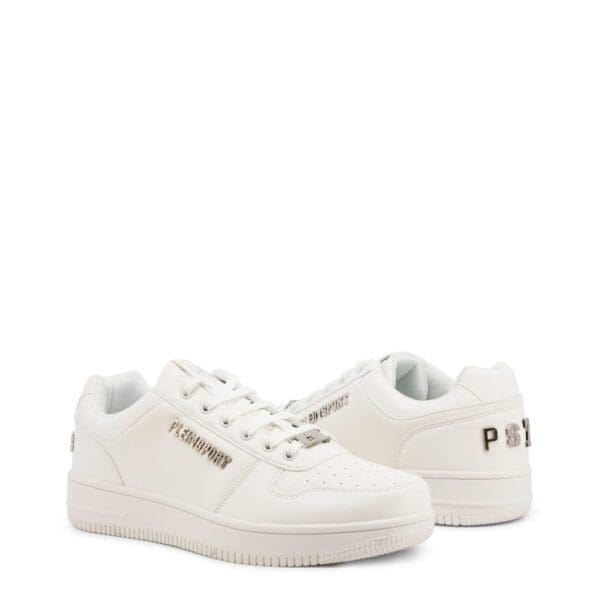 A pair of white sneakers with the letters p and m on them.