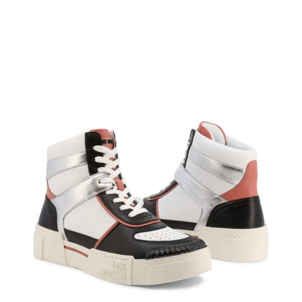 A pair of white, black and red sneakers.