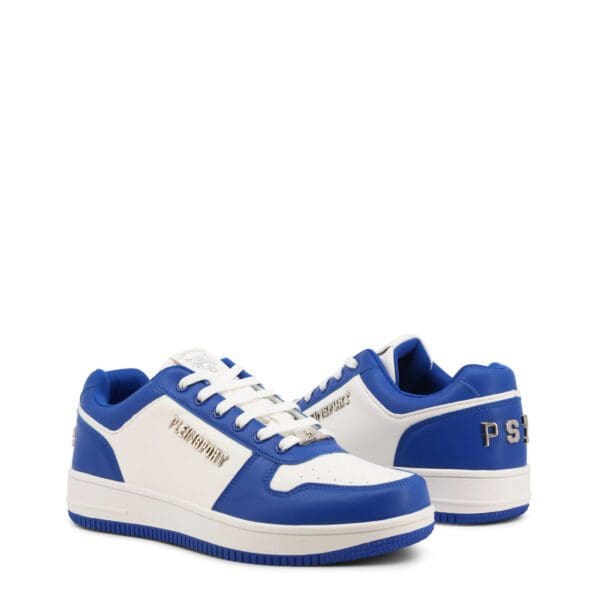 A pair of blue and white sneakers on top of a white surface.