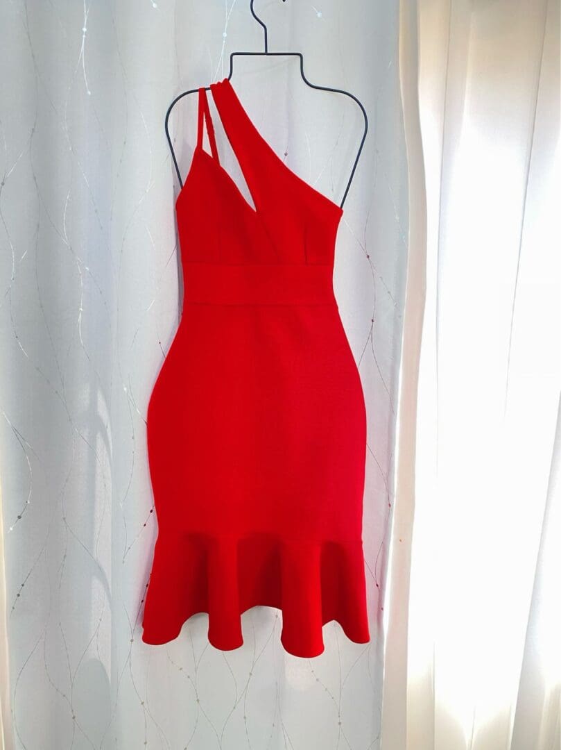 A red dress hanging on the wall