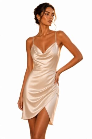 Elegant woman in a silky beige dress.