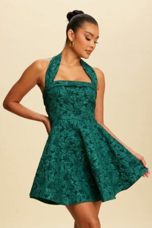 Green floral halter skater dress.