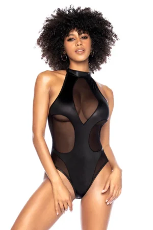 Black mesh and leather halter bodysuit.