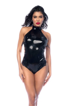 Black lace-up vinyl halter bodysuit.