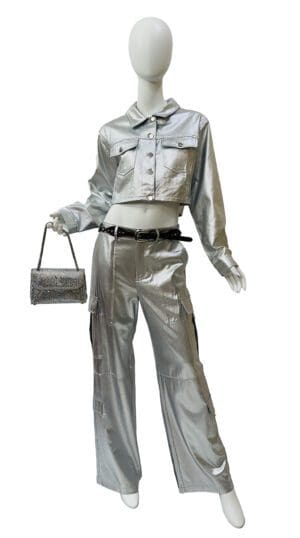 Silver metallic pantsuit and bag.