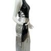 Mannequin in silver pants, black top, and bag.