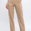 Beige straight-leg pants and black heels.