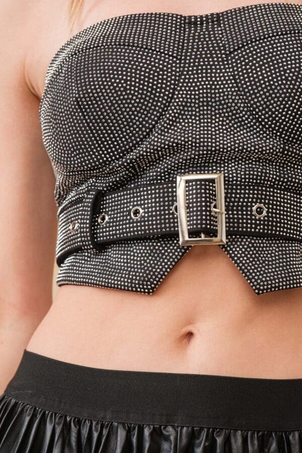 Black rhinestone corset top with belt.