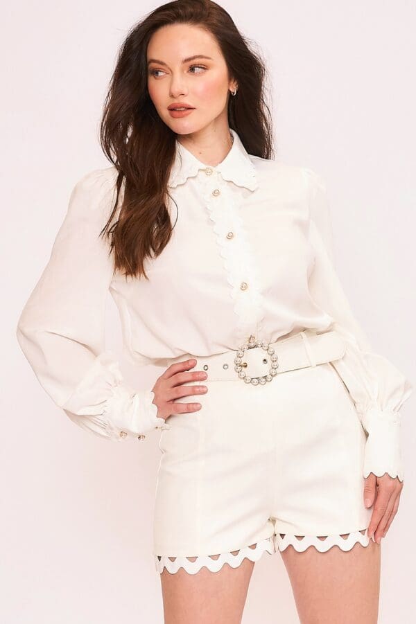 Long Sleeve  Collared Blouse Scallop Trim - Image 6