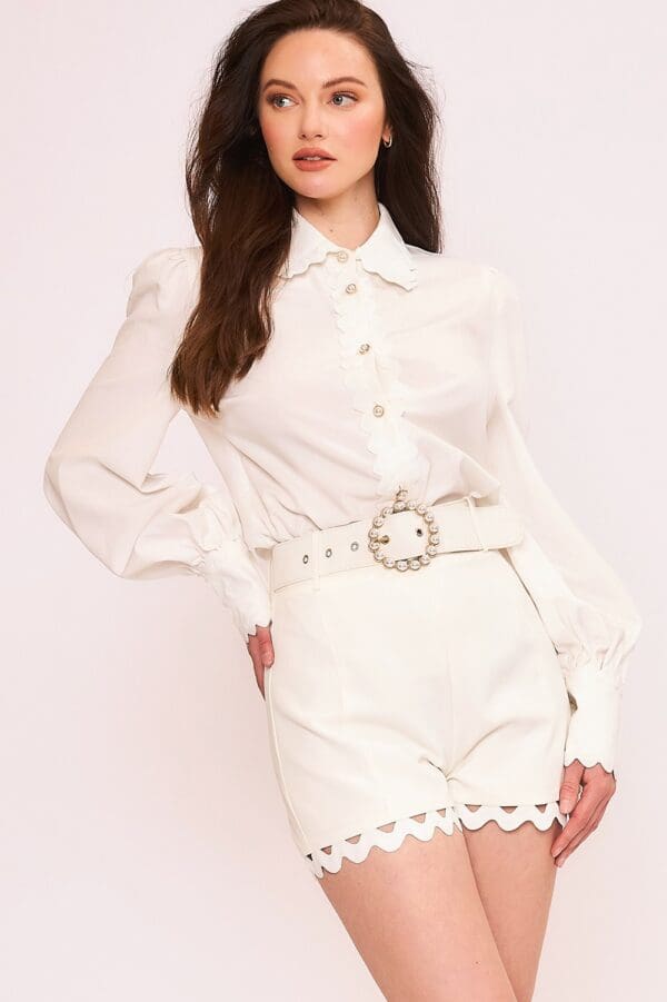 Long Sleeve  Collared Blouse Scallop Trim