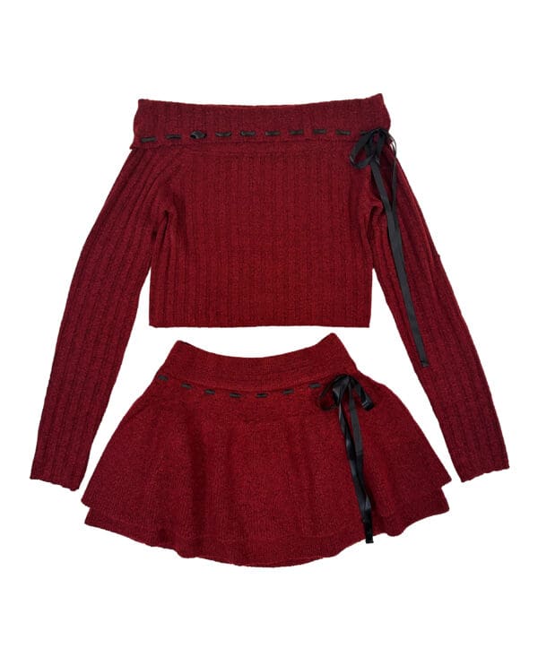 Off Shoulder Ribbon Contrast Sweater Set with Matching Skirt.