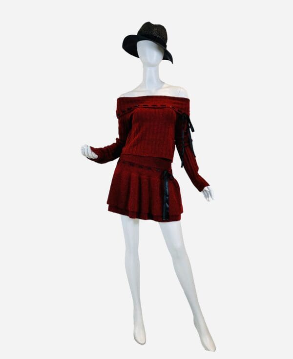 Off Shoulder Ribbon Contrast Sweater Set with Matching Skirt. - Image 3