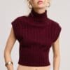 Woman in burgundy sleeveless turtleneck.