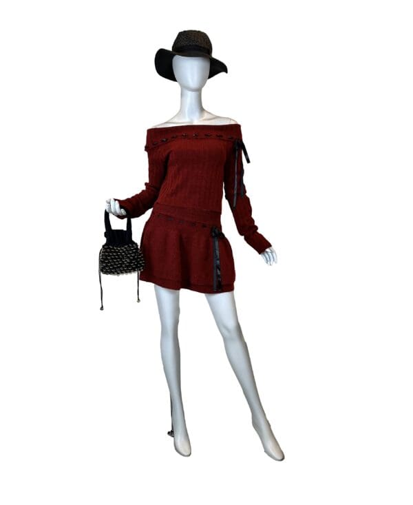 Off Shoulder Ribbon Contrast Sweater Set with Matching Skirt. - Image 5