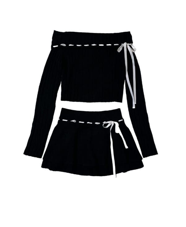 Off Shoulder Ribbon Contrast Sweater Set with Matching Skirt - Image 6