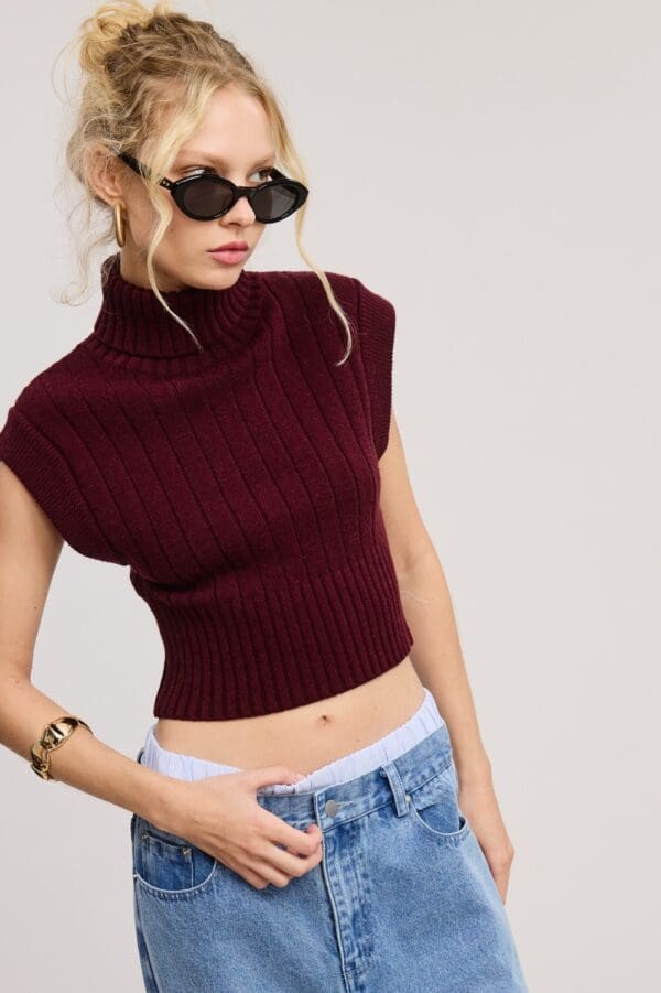 Soft Ribbed High Neck Crop Sweater Top - Image 2