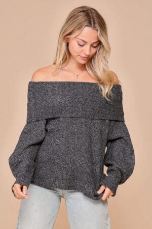 Gray off-the-shoulder knit sweater.