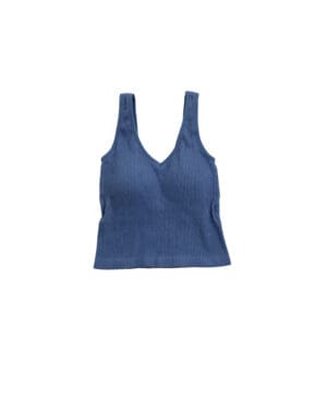 Blue ribbed tank top, sleeveless.