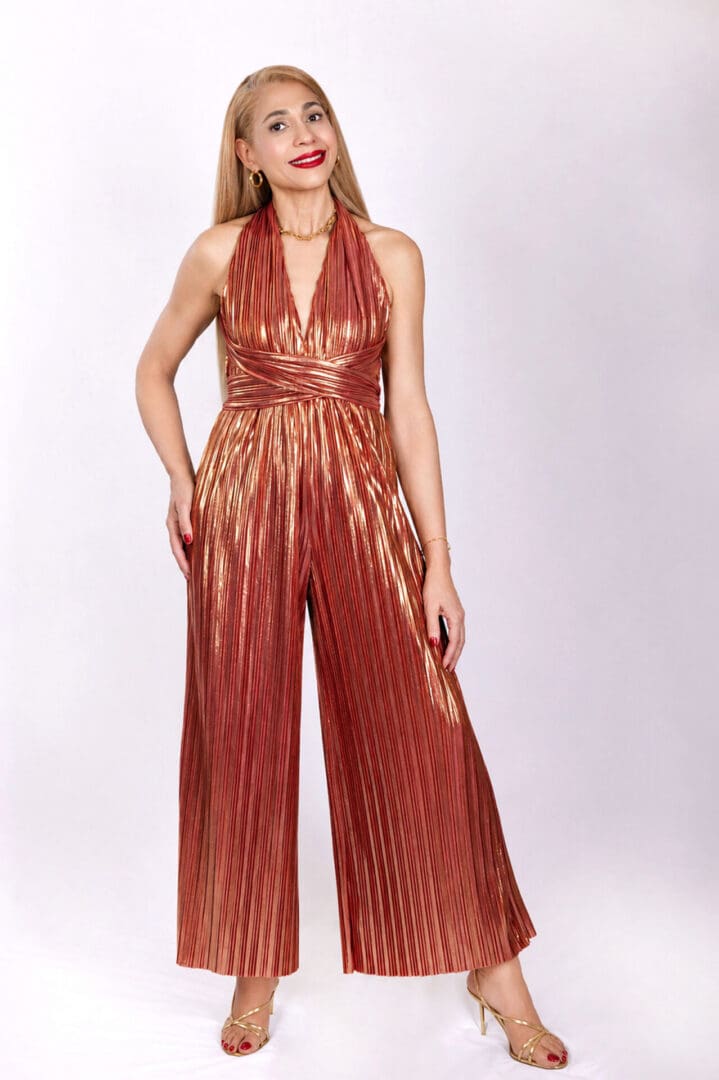 Copper Metallic Pleated Halter Jumpsuit
