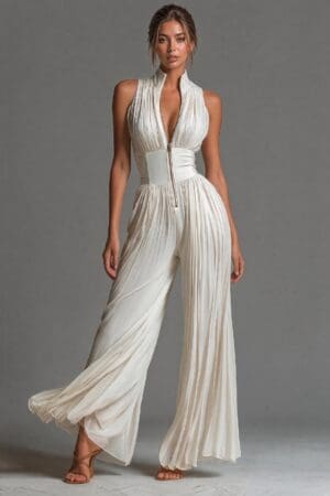Ivory Pleated Zip Front Wide Leg Jumpsuit