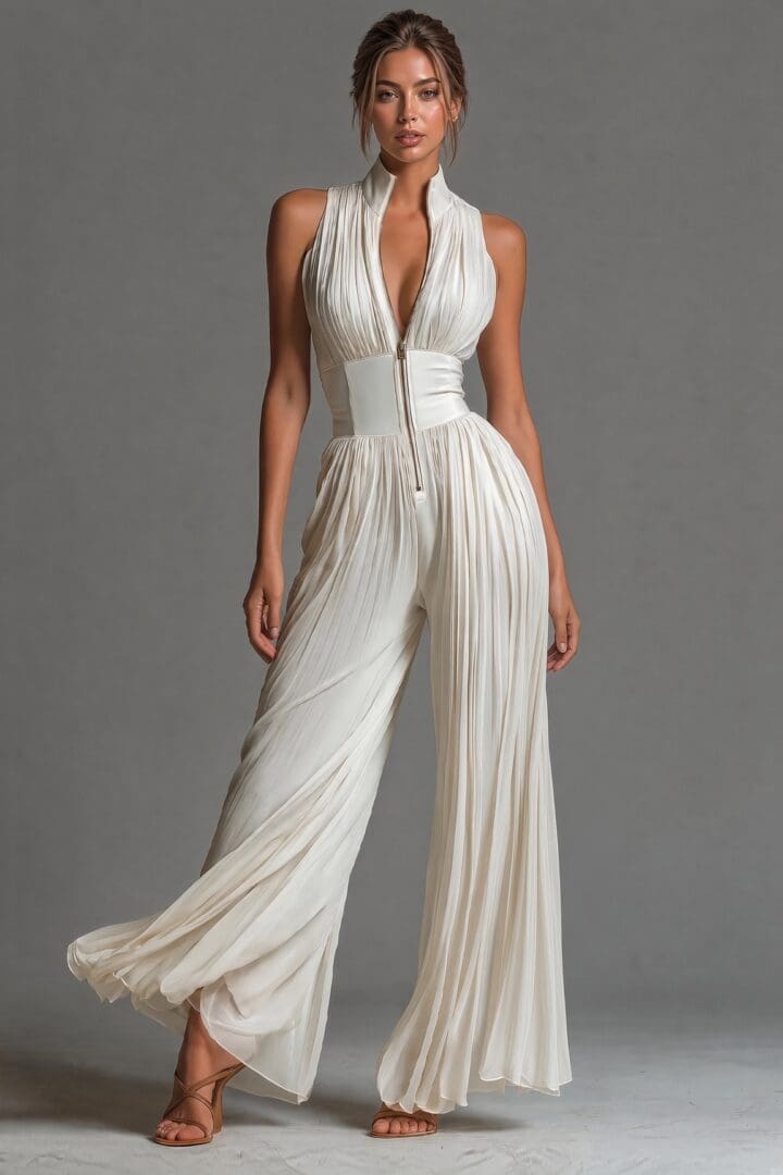 Ivory Pleated Zip Front Wide Leg Jumpsuit