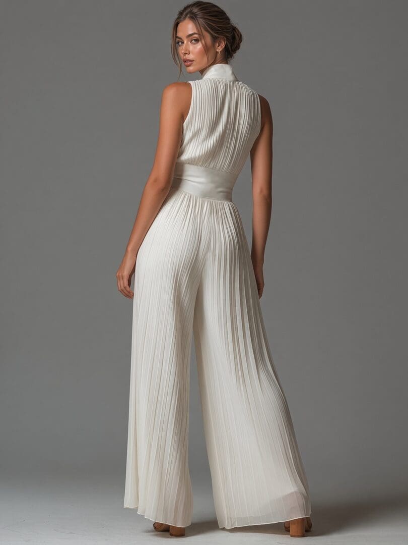 Ivory Pleated Zip Front Wide Leg Jumpsuit