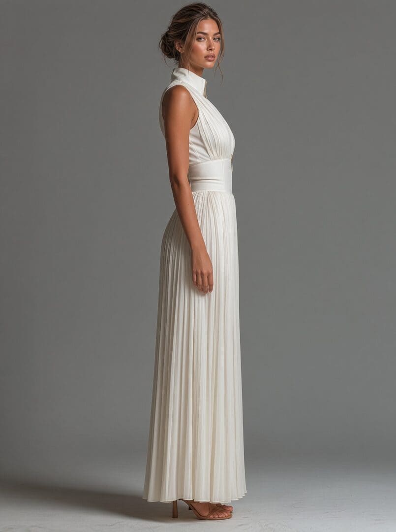 Ivory Pleated Zip Front Wide Leg Jumpsuit