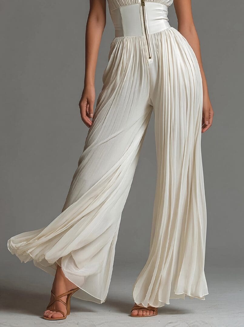 Ivory Pleated Zip Front Wide Leg Jumpsuit