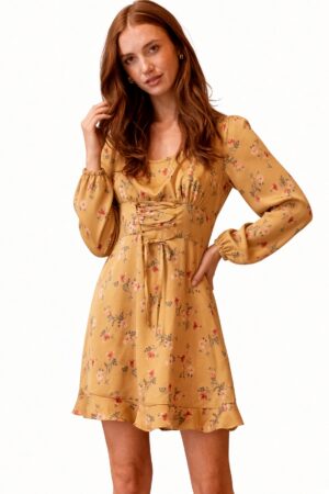 Mustard Floral Lace-Up Corset Mini Dress