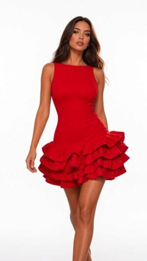 Red Tiered Ruffle Hem Mini Dress